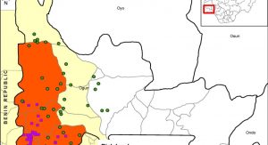 Figure 1.  Map of BBTD distribution in Nigeria 2020. The disease is localized only in the parts shaded in orange and the areas marked in yellow are identified as high-risk area.